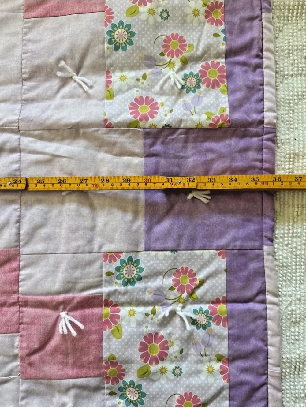 Floral Patchwork Baby Quilt in Pink & Purple 36” Square Handmade